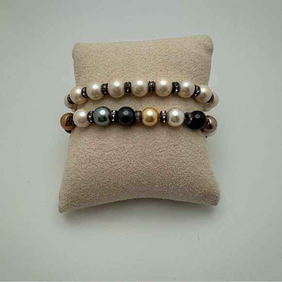 Hand Crafted Jewelry - Handmade Faux Pearl Rhinestone Stretch Bracelet Set 2pc Ivory Gray Gold